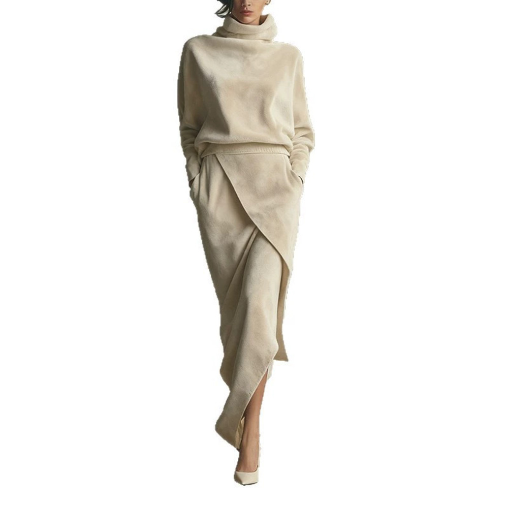 ZARA Fall Winter Suede Relaxed Fit Solid Batwing Asymmetric Skirt Set